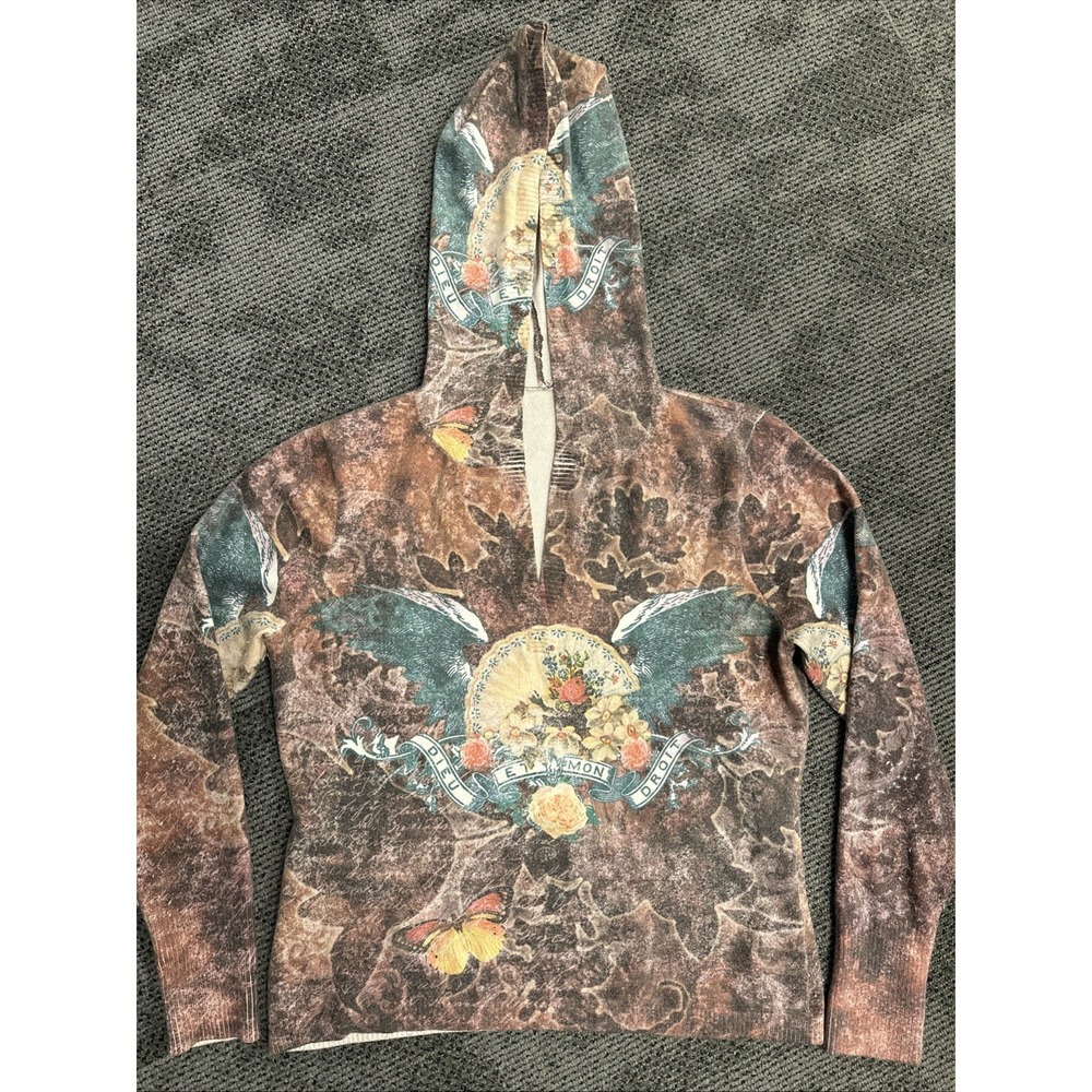 Vintage Graphic Print Knit Hoodie Dieu Et Mon Droit Floral Butterfly Brown Teal